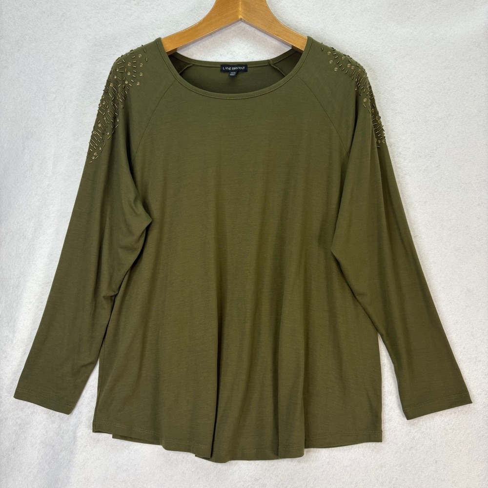 Lane Bryant Women's Plus Sz 22/24 Olive Green‎ Embellished Shoulder Tunic Top